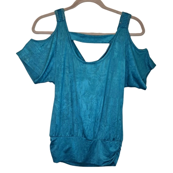 BCX Blue Cowl Neck Cold Shoulder Shiny Blouse Size XS - Picture 2 of 7